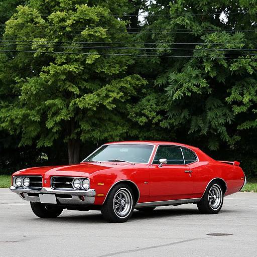 Photograph of a vibrant red, classic 1960s muscle car with chrome details, parked on a suburban street, surrounded by lush green trees.