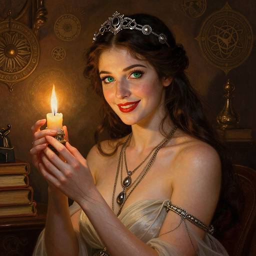 Digital painting of a fair-skinned, green-eyed woman with dark hair, wearing a silver tiara, off-shoulder gown, and chain neck