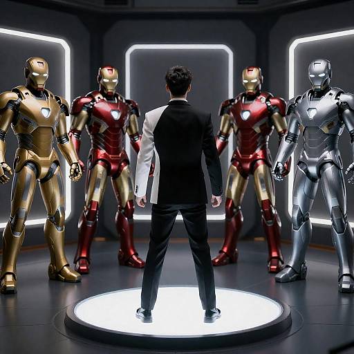 Futuristic Scene with Man and Iron Suits