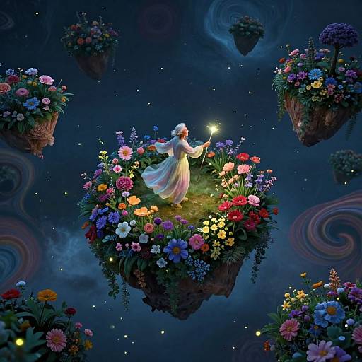 A mystical digital artwork of a glowing white-robed figure holding a light, surrounded by floating flower islands in a starry, swirling night sky.