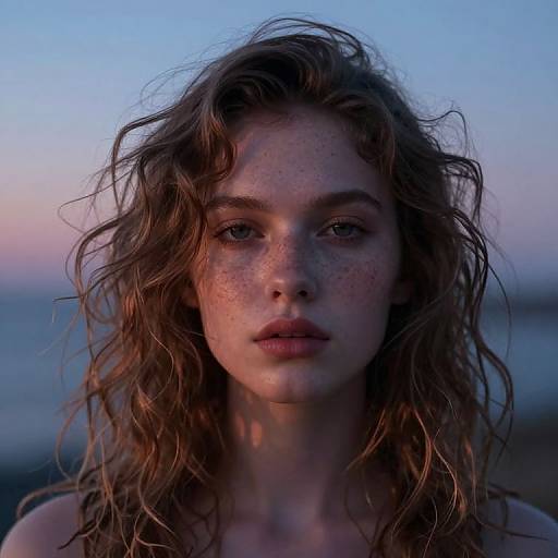 Photograph of a freckled, wavy-haired young woman with light skin, blue eyes, and pink lips, gazing directly at the camera