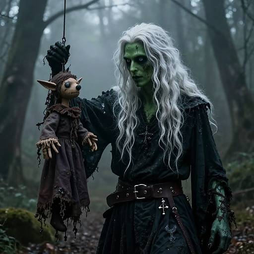 Mysterious Dark Green Skinned Figure in Forest