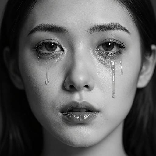 Black and white photograph of a young woman with tear-streaked face, dark eyebrows, long hair, and glossy lips, gazing sorrowfully forward