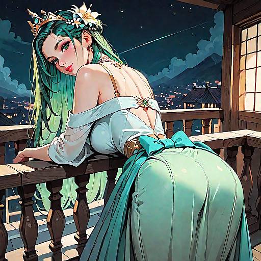 Digital anime-style artwork of a green-haired, fair-skinned woman in a white off-shoulder dress and turquoise skirt, leaning on a balcony at