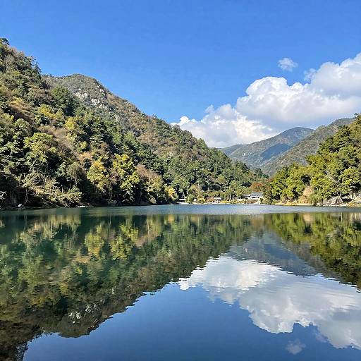 Photograph of a serene mountain lake with reflective water, surrounded by lush, green trees and mountains under a bright blue sky.