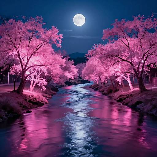 Photorealistic digital artwork of a moonlit night scene featuring a glowing pink tree-lined creek with vibrant pink foliage, reflecting in the water, under a