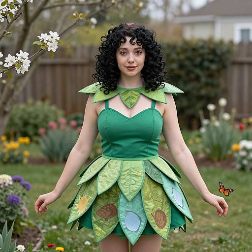 Photograph of a curvy woman with curly black hair in a green leaf costume, standing in a blooming garden, surrounded by flowers and a wooden