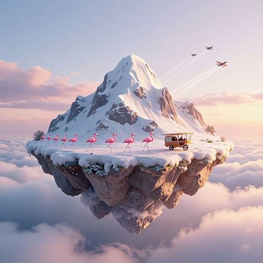 Surreal Floating Mountain with Flamingos