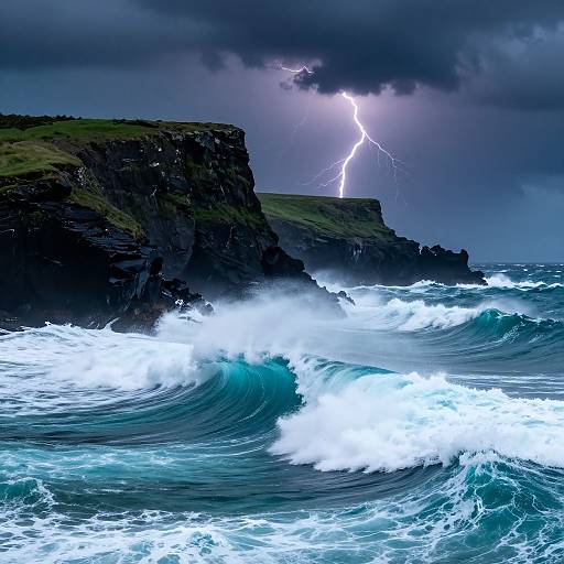 Photograph of dramatic coastal scene: dark cliff with green grass, crashing white waves, and vivid lightning striking sky amidst stormy clouds.