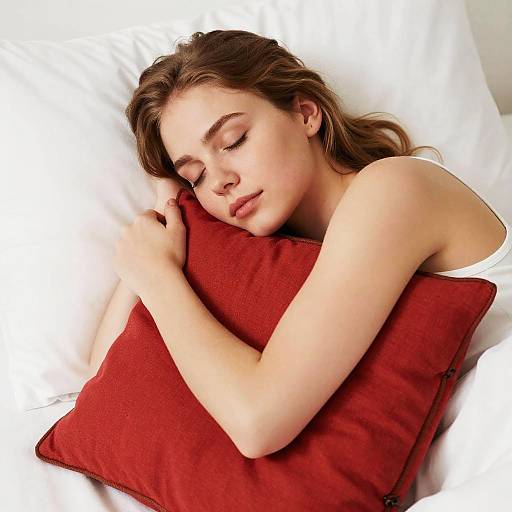 Photograph of a young woman with light skin and brown hair, sleeping peacefully on a white bed with a red pillow. She wears a white tank top