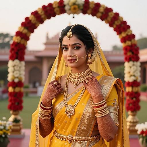 Photograph of an Indian bride in a yellow saree with gold embroidery, traditional jewelry, and henna, standing under a floral arch.