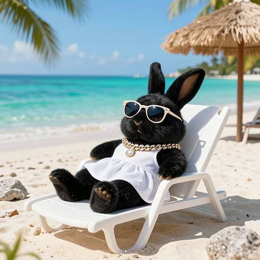 Chic Black Rabbit Relaxing on Beach