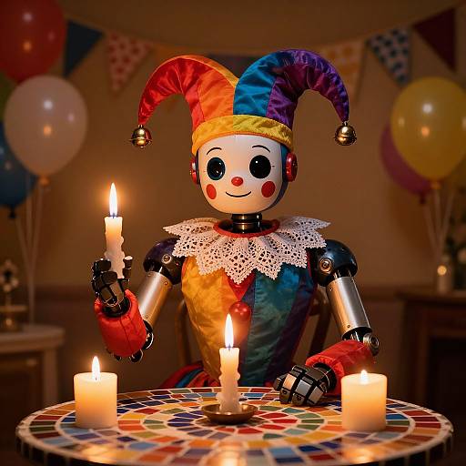 Photograph of a colorful jester robot with black and white face, holding a candle, seated at a candlelit mosaic table in a festive, balloon