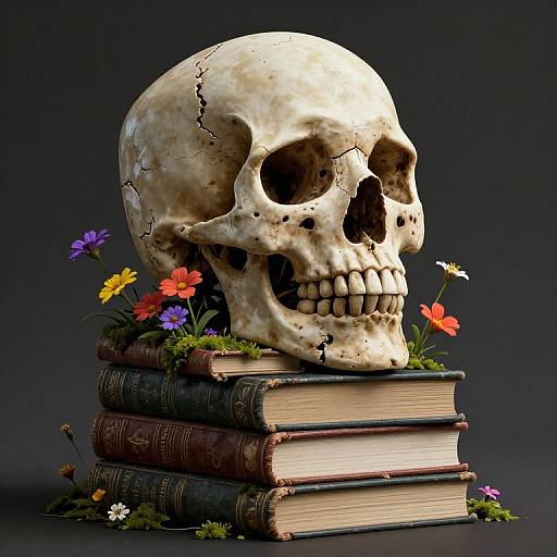 Colossal Skull on Weathered Books