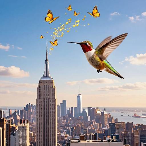 Photograph of a vibrant hummingbird with iridescent green and red feathers, flying above New York City's skyline, releasing yellow butterflies. Clear blue