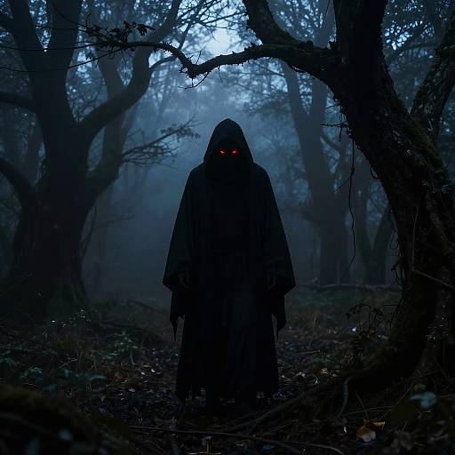 Eerie Red-Eyed Shadow in Misty Forest