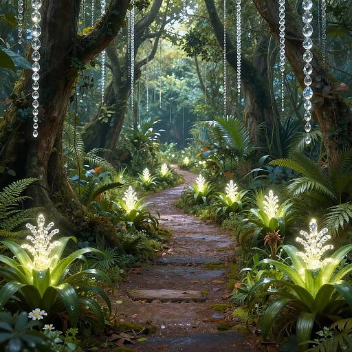 Dreamy Forest Path with Luminous Bromeliads