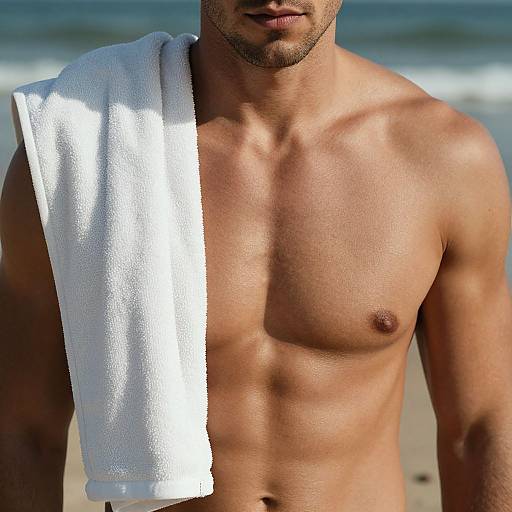 Photograph of a muscular, tan-skinned man with trimmed beard, bare-chested, white towel draped over right shoulder, standing on sunny beach with