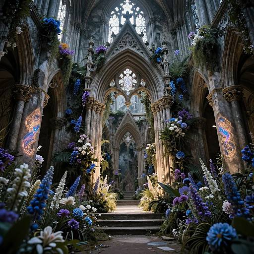 Photograph of a Gothic cathedral interior, illuminated by natural light, adorned with vibrant blue, purple, and white flowers, and ornate stained glass windows