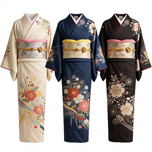 Photograph of three traditional Japanese kimonos: cream with floral patterns, navy blue with red flowers, and black with white flowers, each with a