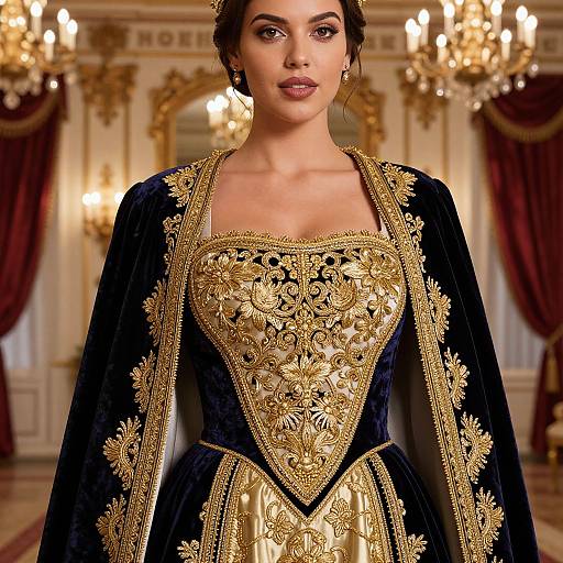 Photograph of a brunette woman in an ornate, black velvet gown with elaborate gold embroidery, standing in a luxurious, opulent room with chandel