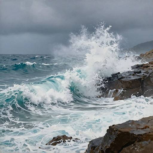 Photograph of a turbulent ocean with large, crashing waves against a rocky shoreline under a cloudy, gray sky. White foam contrasts with dark, wet rocks
