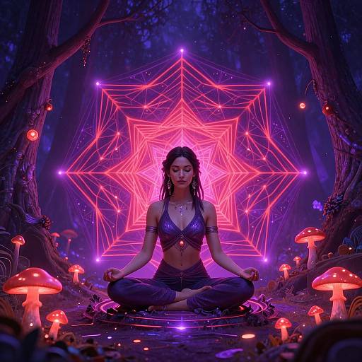 Digital artwork of a woman with dreadlocks in a purple bra and pants, meditating in a glowing neon star forest with mushrooms.