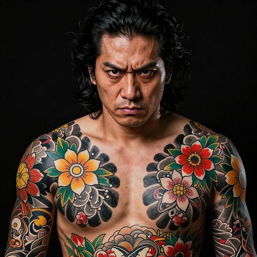 Photograph of a shirtless Asian man with black hair, intense expression, and vibrant floral tattoos covering his chest and shoulders against a black background.