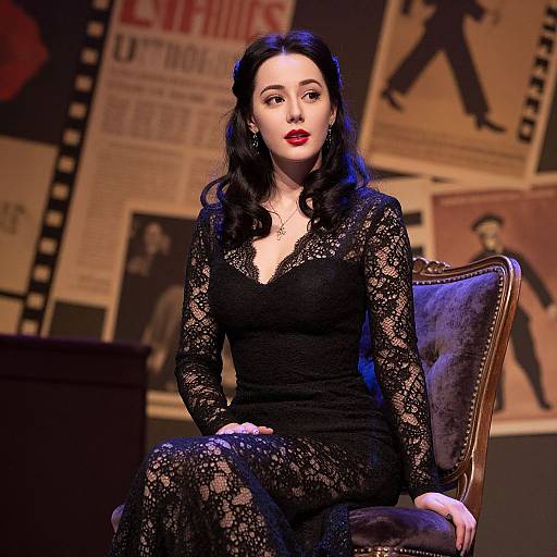 Photorealistic CGI of a pale-skinned woman with dark wavy hair, red lipstick, wearing a black lace dress, sitting on a velvet chair