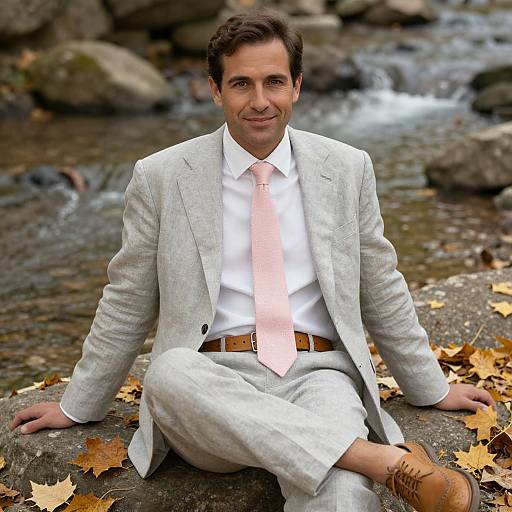 Photograph of a smiling man in a light gray suit, white shirt, pink tie, and brown belt, sitting on a rocky stream with autumn leaves