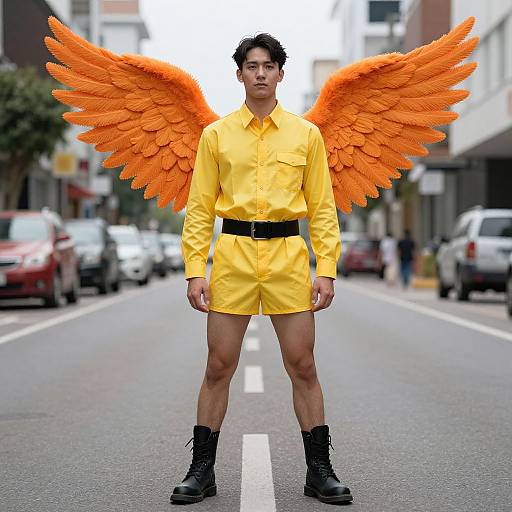 Man with Orange Wings on Street
