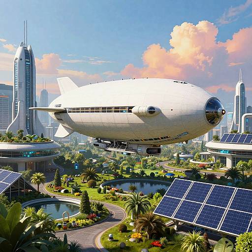 Solarpunk Airship Over Futuristic City