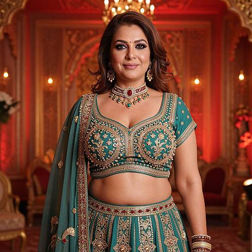 Photograph of a smiling South Asian woman in ornate green and gold traditional attire, standing in an opulent, red-lit room.