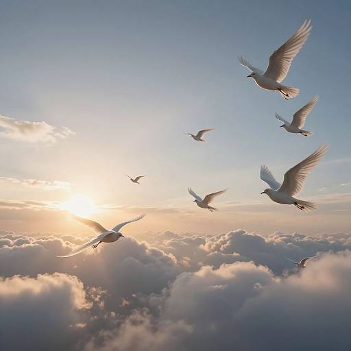 Photograph of six white doves flying in a clear blue sky with the sun setting behind fluffy, illuminated clouds.