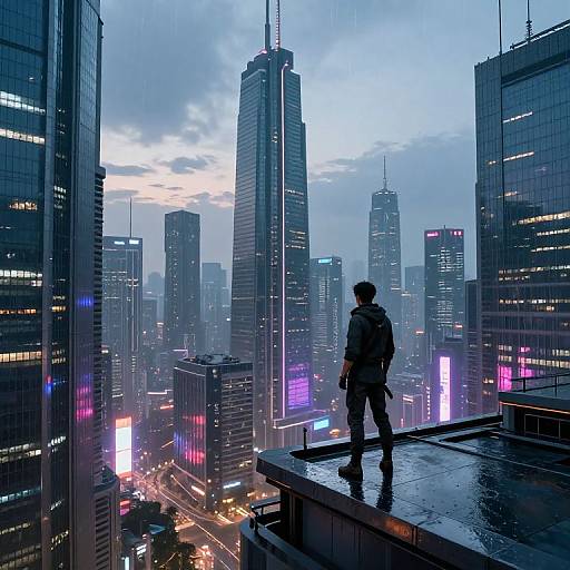 Digital art: Silhouetted figure standing on rooftop, overlooking a futuristic, neon-lit cityscape with towering skyscrapers, twilight sky,