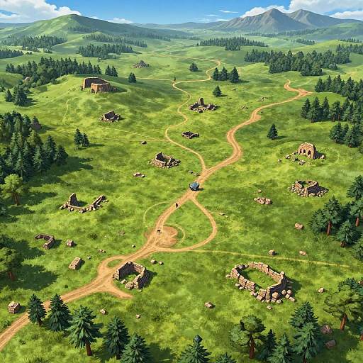 Aerial CGI of a lush, green, mountainous landscape with winding dirt paths, scattered wooden cabins, and evergreen trees, under a bright blue