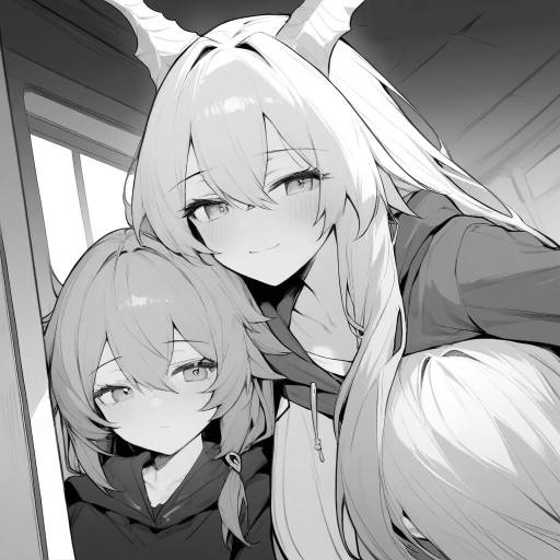 Monochrome Comic of Horned Girls