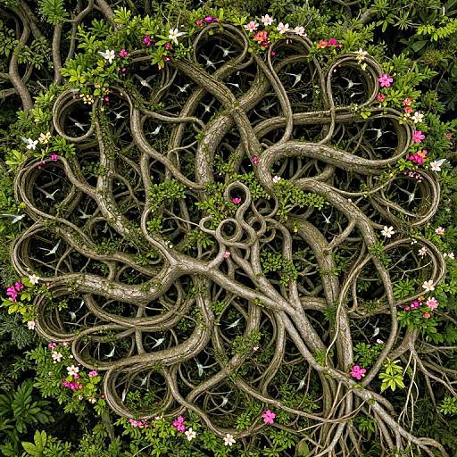 Digital artwork of intertwined, twisting tree branches covered in green leaves, pink, white flowers, and small black birds, creating a dense, intricate pattern against