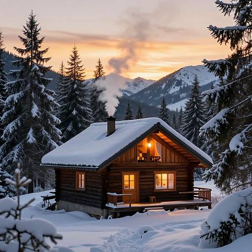 Photograph of a wooden cabin with lit windows, emitting steam, surrounded by snow-covered pine trees, at sunset in a mountainous winter landscape.