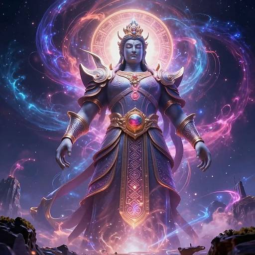 Digital artwork of a majestic, blue-skinned deity with a crown, wearing ornate, glowing armor and robes, surrounded by vibrant, swirling cosmic energy