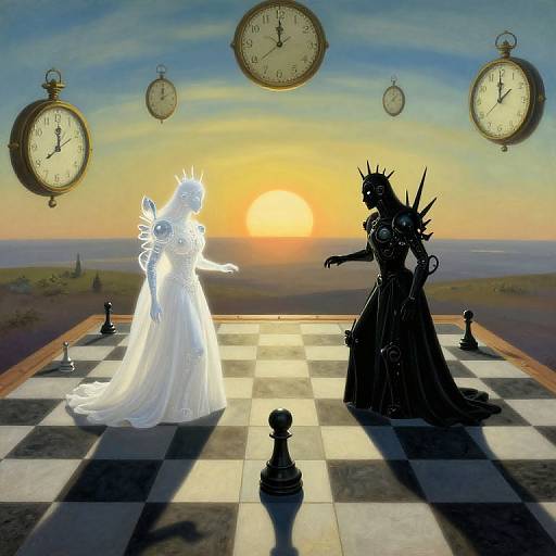 Digital artwork of a chessboard at sunset with glowing white queen and dark black queen, surrounded by floating clocks, against a serene landscape.