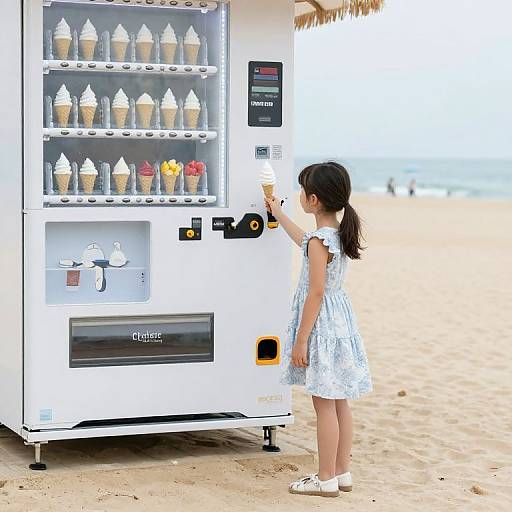 Photograph of a young girl with dark hair in a white dress, choosing a cone from a white ice cream vending machine on a sandy beach.
