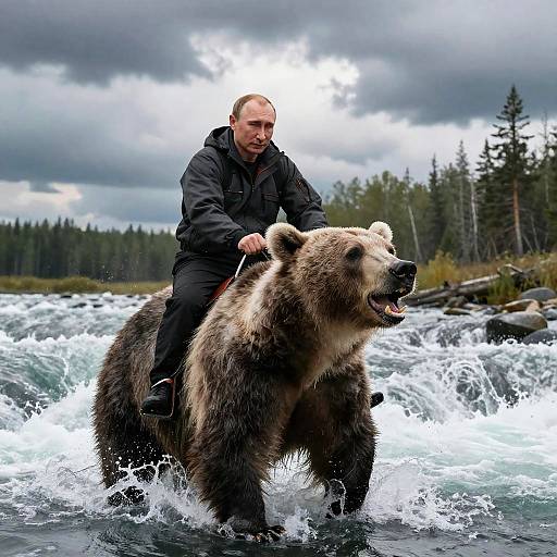 Photograph: Bald man in black jacket riding a large brown bear through a rushing river, with a cloudy sky and forest in the background.