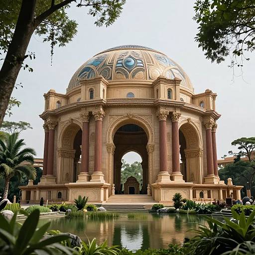 Photograph of a grand, ornate dome-shaped building with red columns, gold accents, and blue dome details, surrounded by a reflective pond and lush