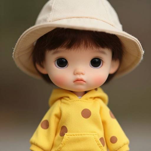 Photograph of a porcelain baby doll with large blue eyes, wearing a yellow polka-dot hoodie and a beige sun hat.