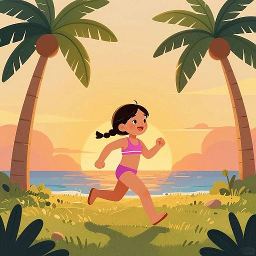 Digital illustration of a smiling Asian girl in pink bikini running on a grassy beach at sunset, framed by two palm trees.