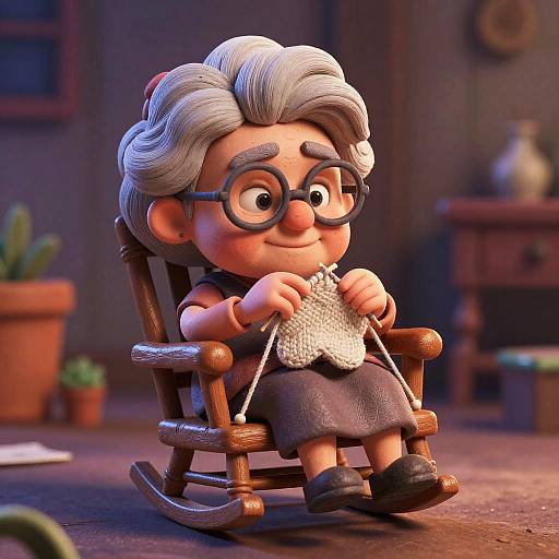 3D Cartoon Grandmother Knitting in Rocking Chair