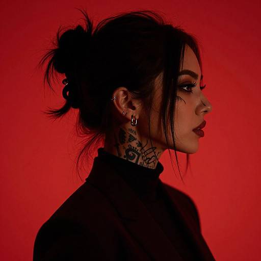 Photograph of a tattooed woman with dark hair in a messy bun, wearing a black turtleneck, against a vivid red background. Silhou