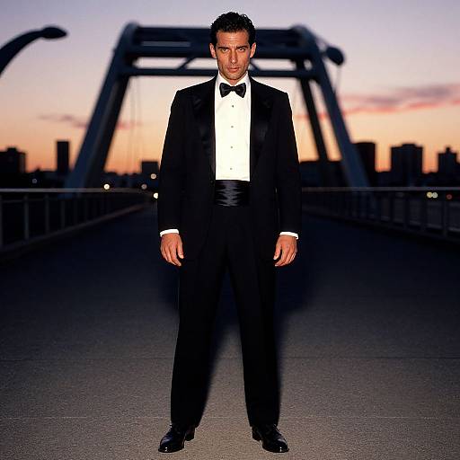 Confident Man in Classic Tuxedo at Sunset