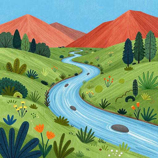 Whimsical Hand-Drawn Vibrant Landscape